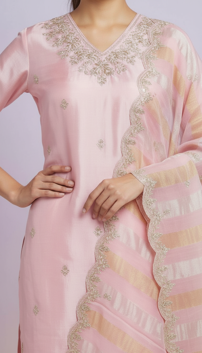 Dola Silk Pink Suit Set view 3
