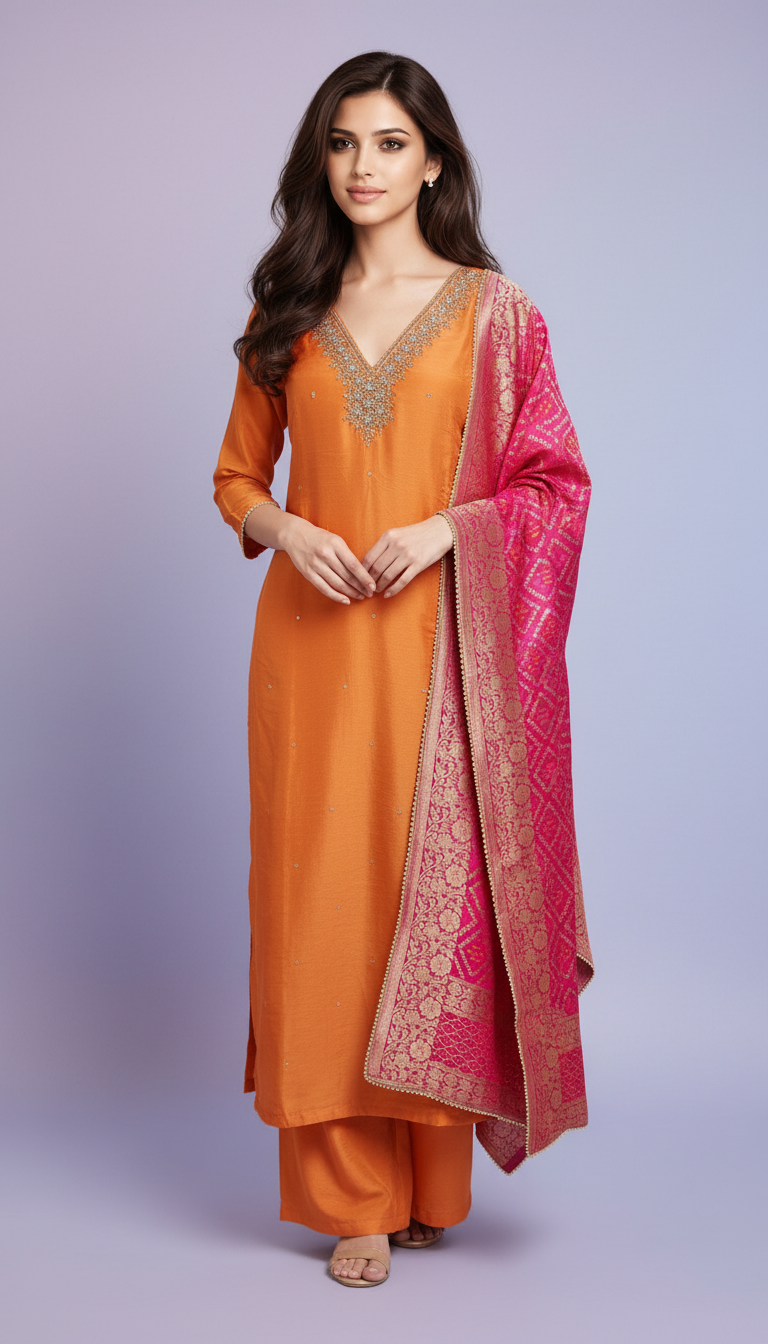 Orange Dola Silk Ethnic Kurta Set view 4