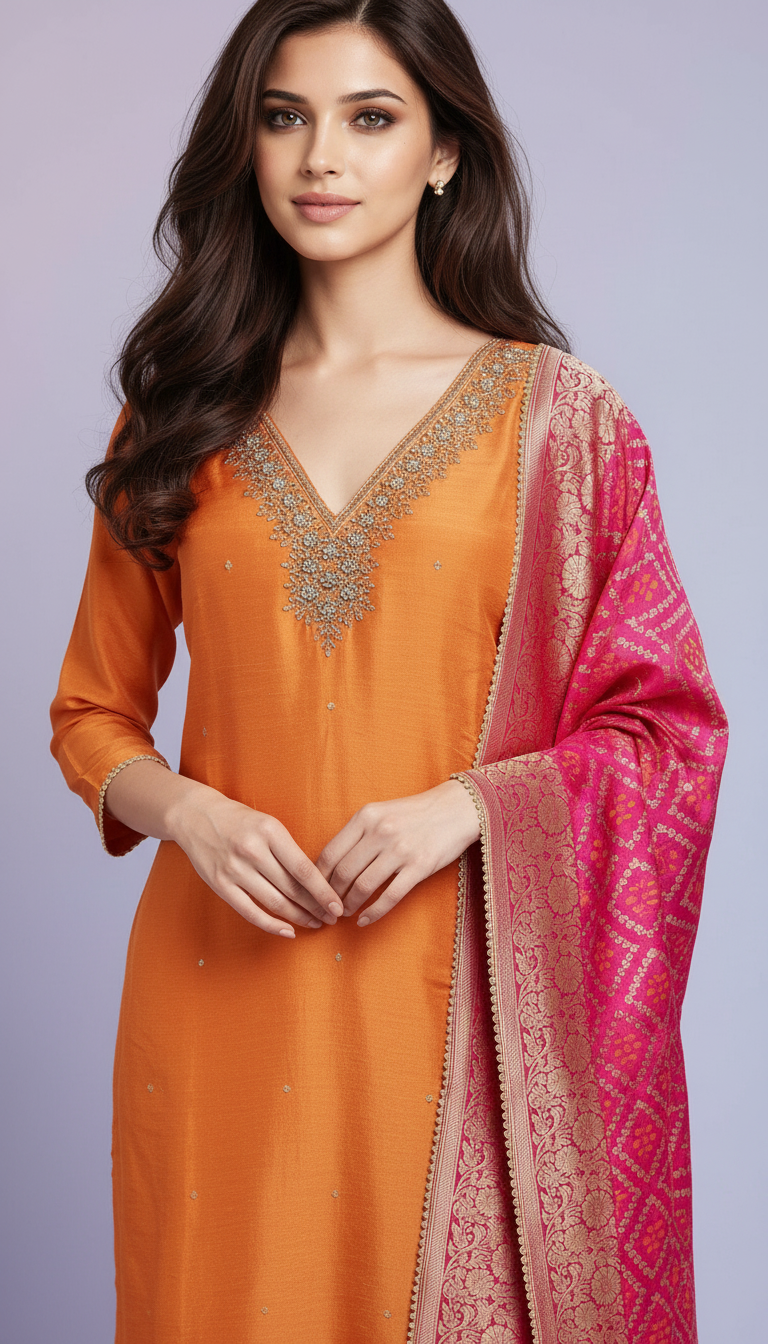 Orange Dola Silk Ethnic Kurta Set