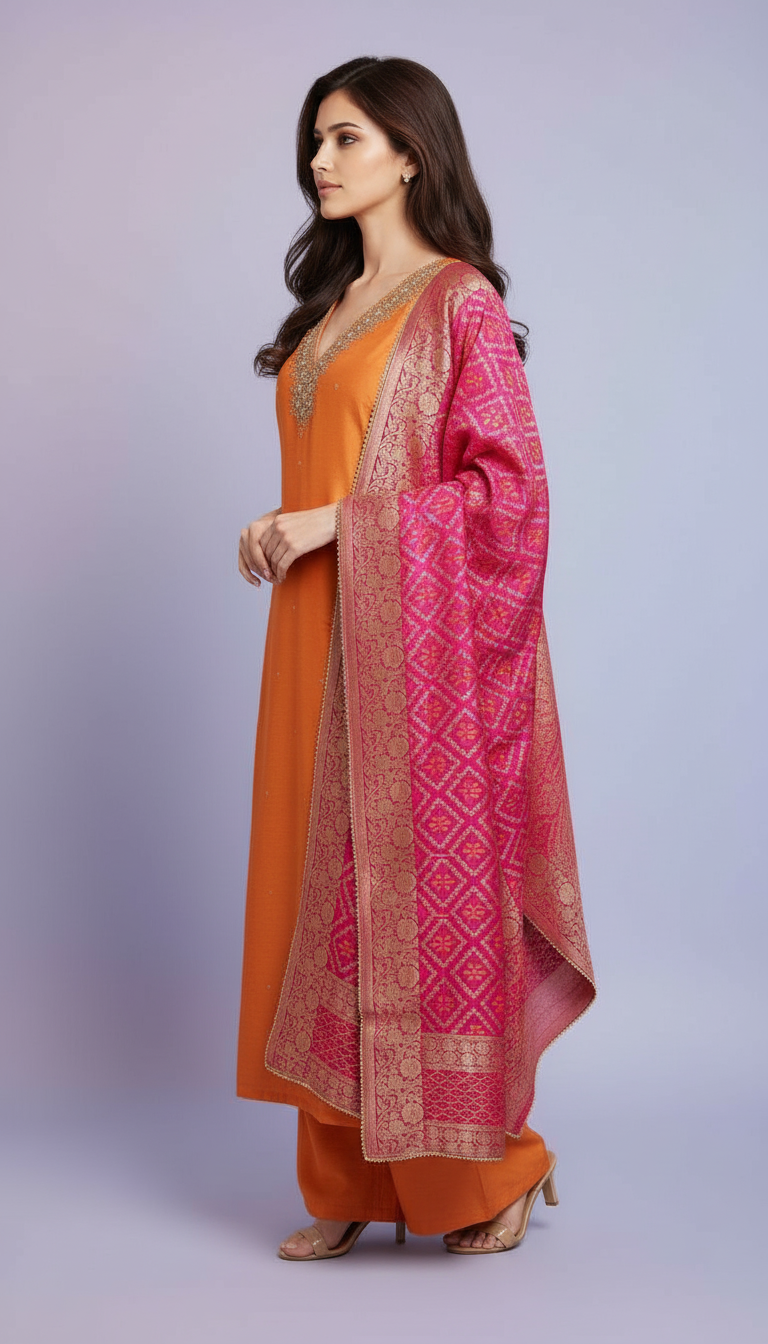 Orange Dola Silk Ethnic Kurta Set view 2