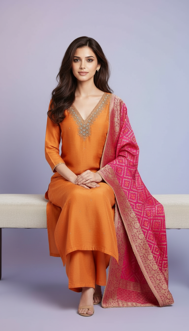 Orange Dola Silk Ethnic Kurta Set view 3
