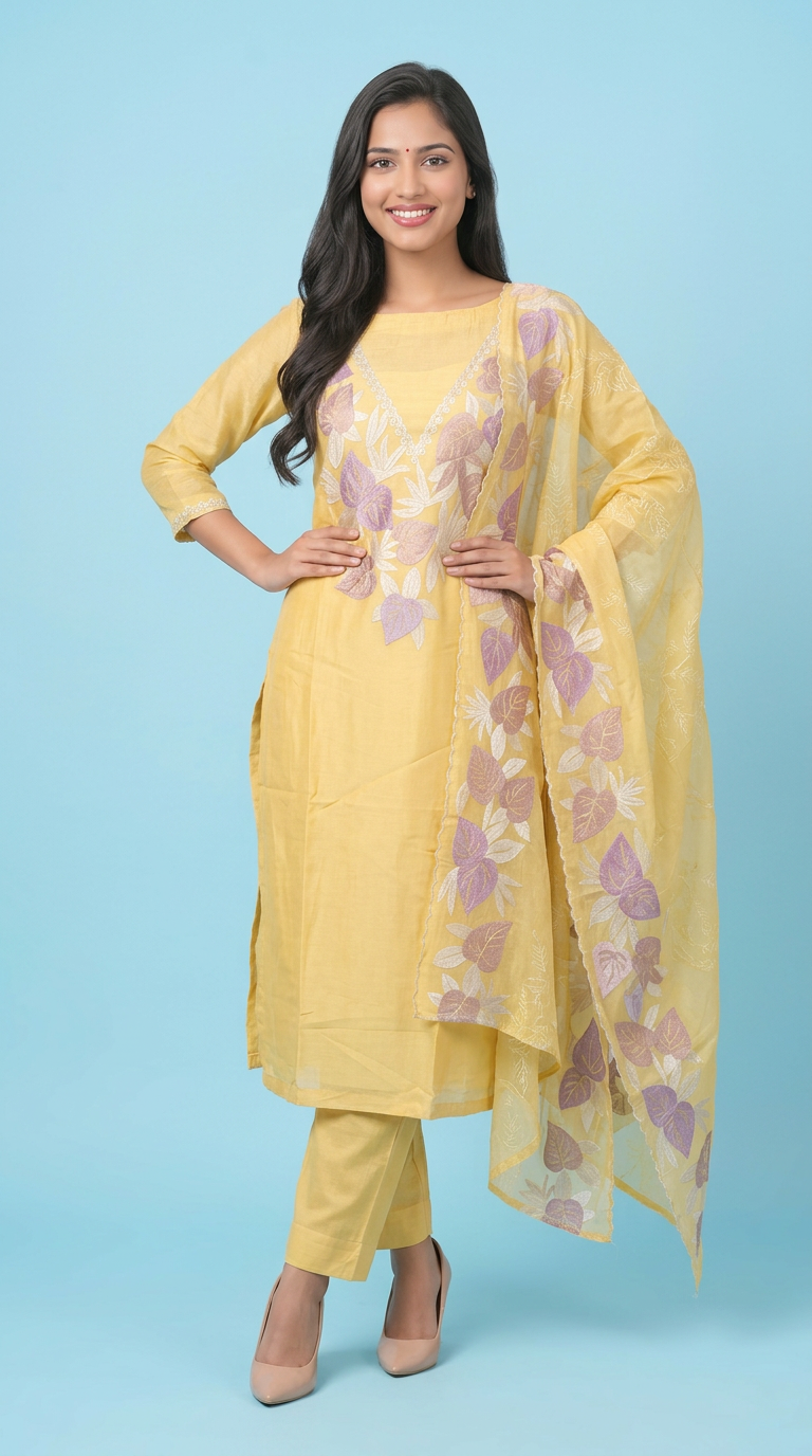 Embroidered Yellow Muslin Salwar Suit view 5