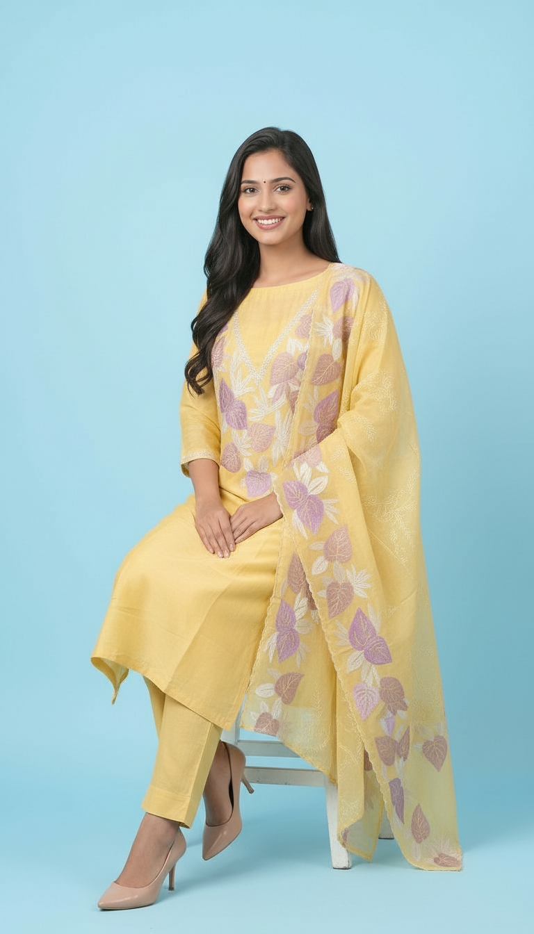 Embroidered Yellow Muslin Salwar Suit view 4
