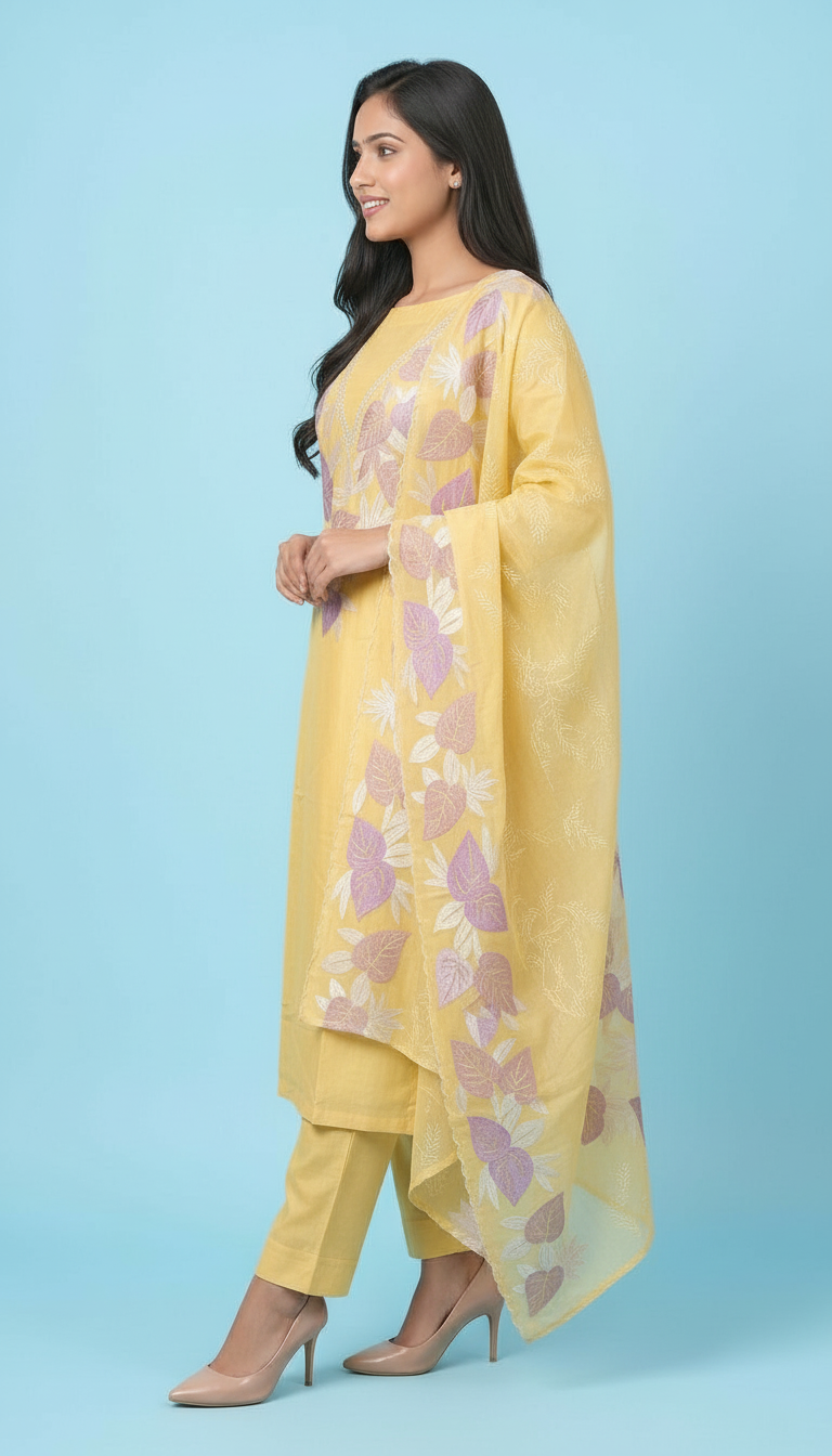 Embroidered Yellow Muslin Salwar Suit view 2