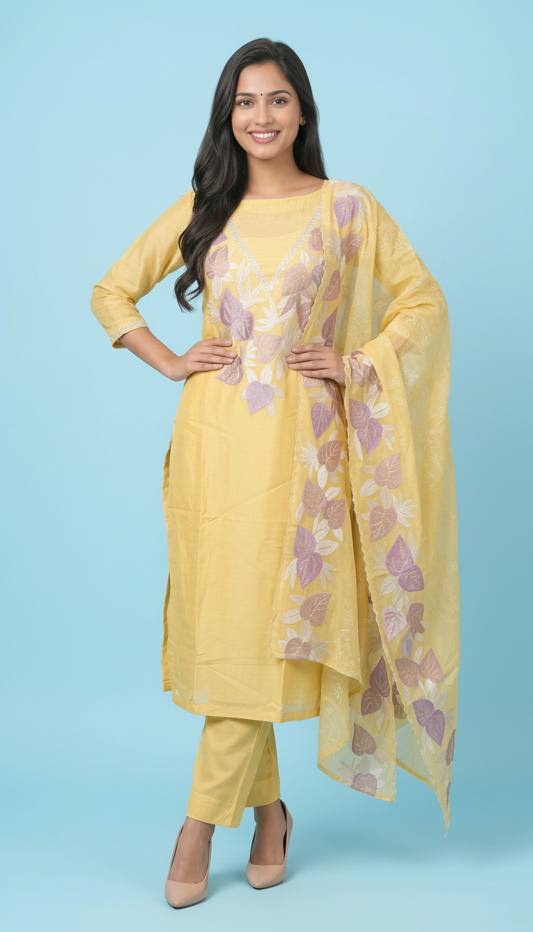 Embroidered Yellow Muslin Salwar Suit view 3
