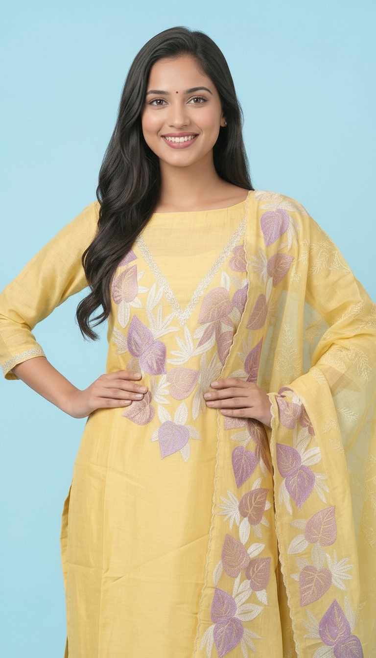Embroidered Yellow Muslin Salwar Suit