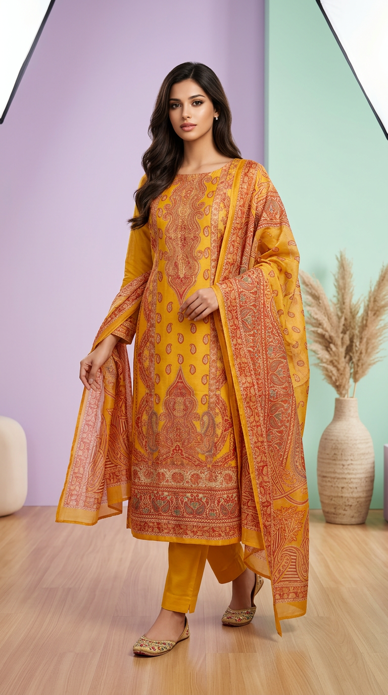Traditional Organza Yellow Suit Set view 4