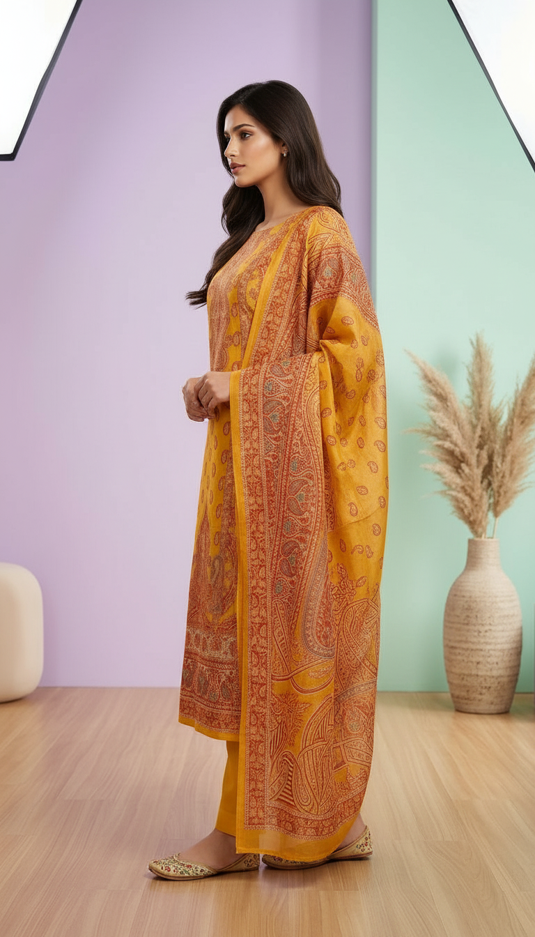 Traditional Organza Yellow Suit Set view 2