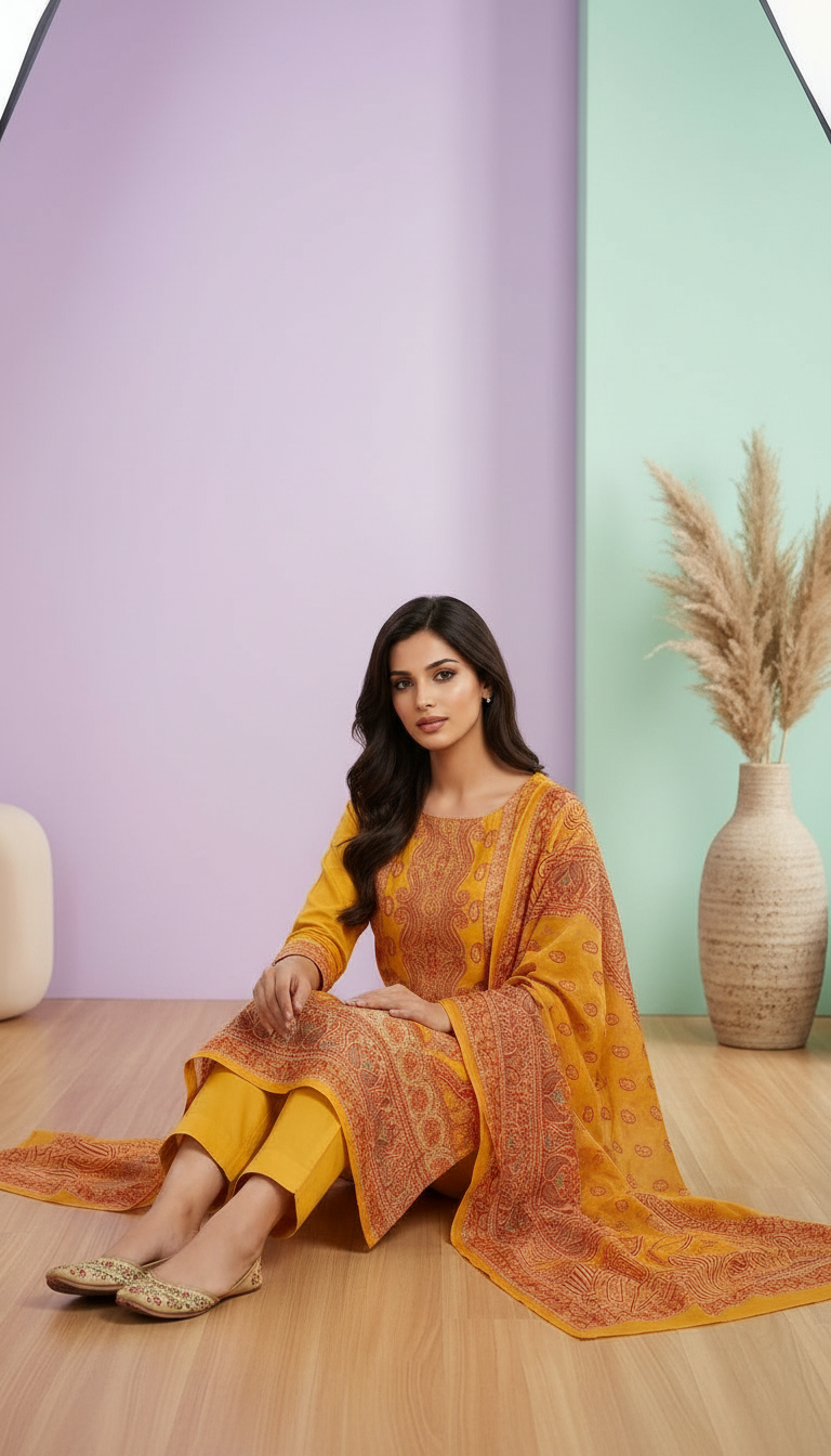 Traditional Organza Yellow Suit Set view 3