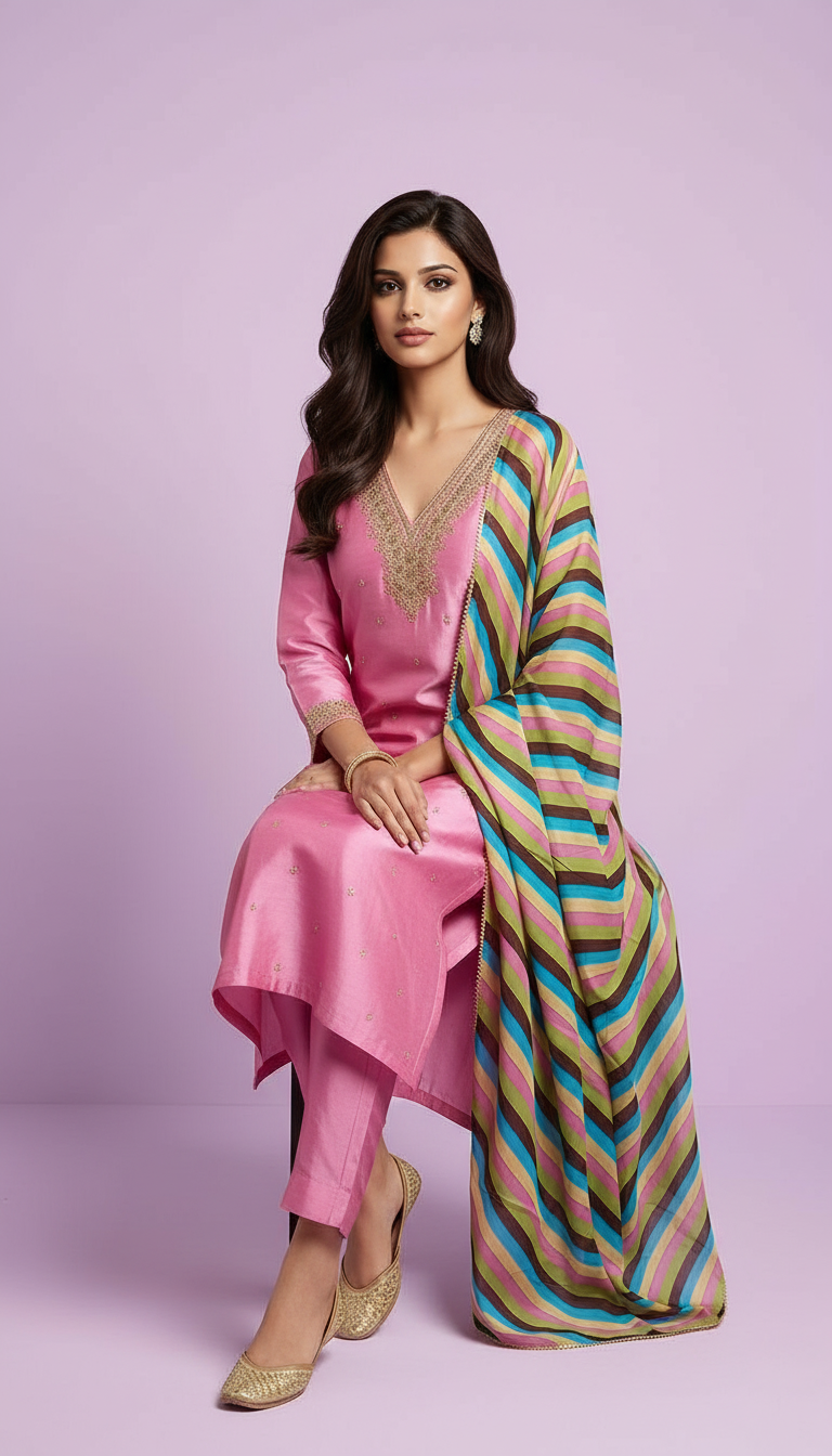 Pink Dola Silk Suit Set view 2