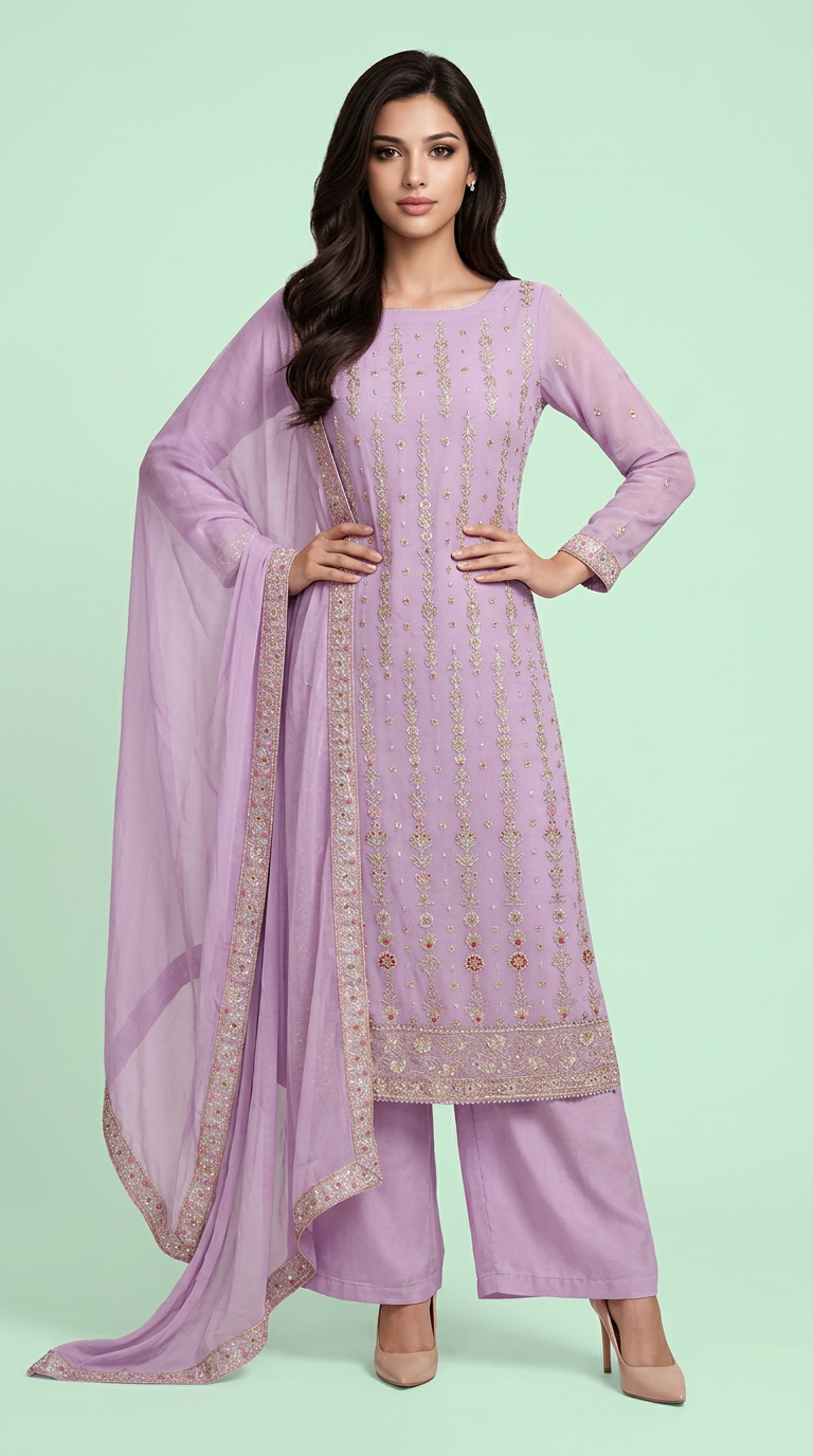 Embroidered Chinnon Kurta Set view 2