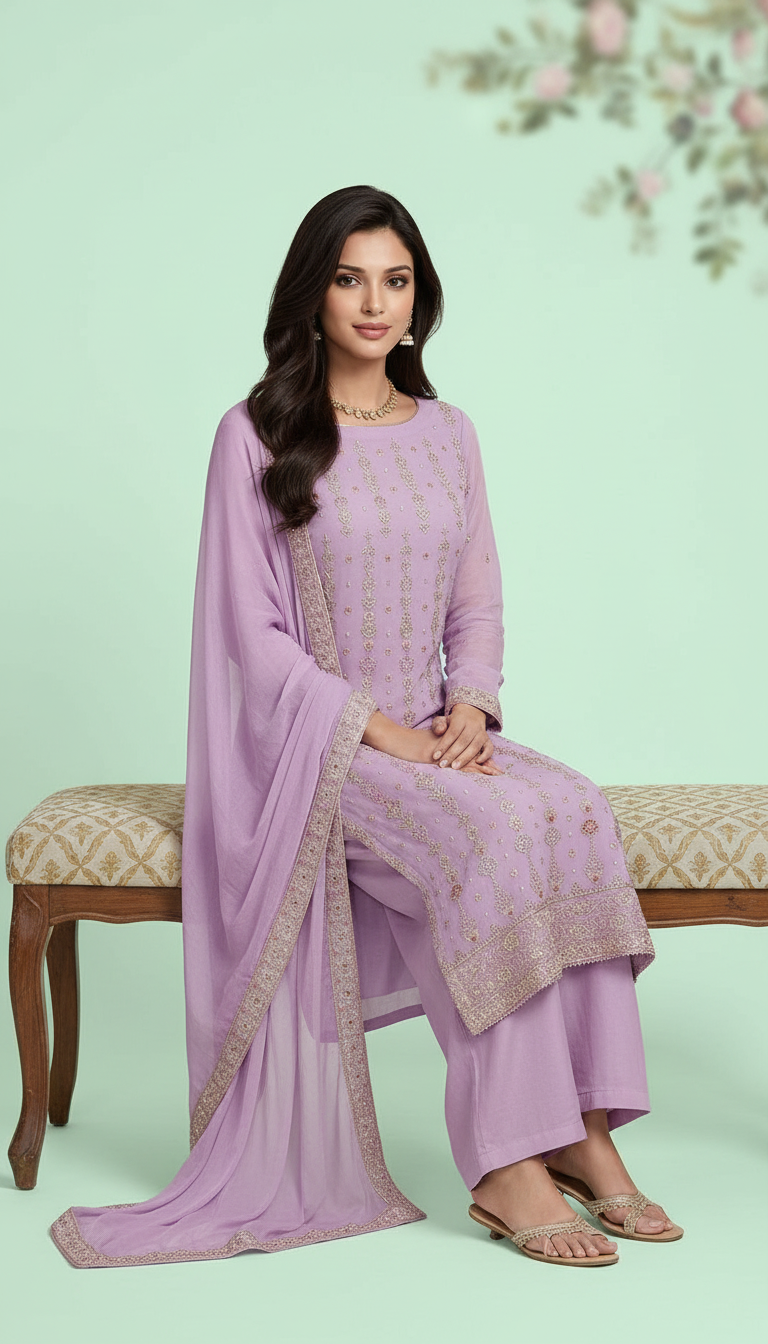 Embroidered Chinnon Kurta Set view 4