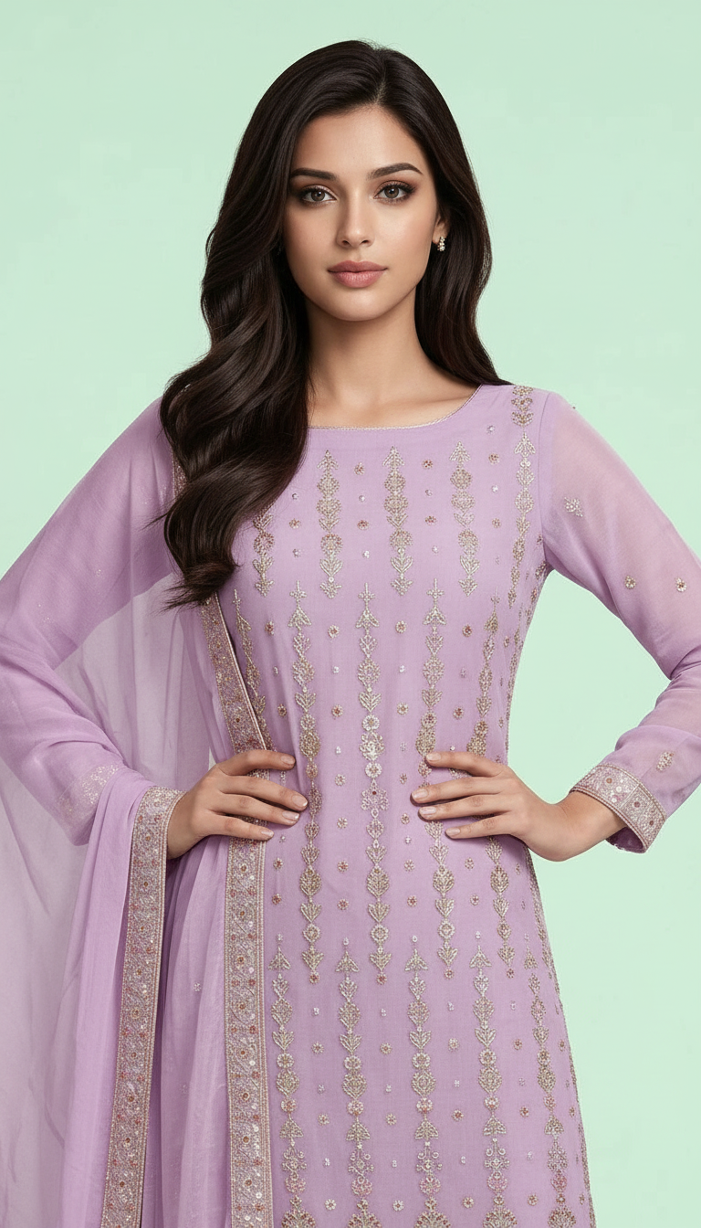 Embroidered Chinnon Kurta Set