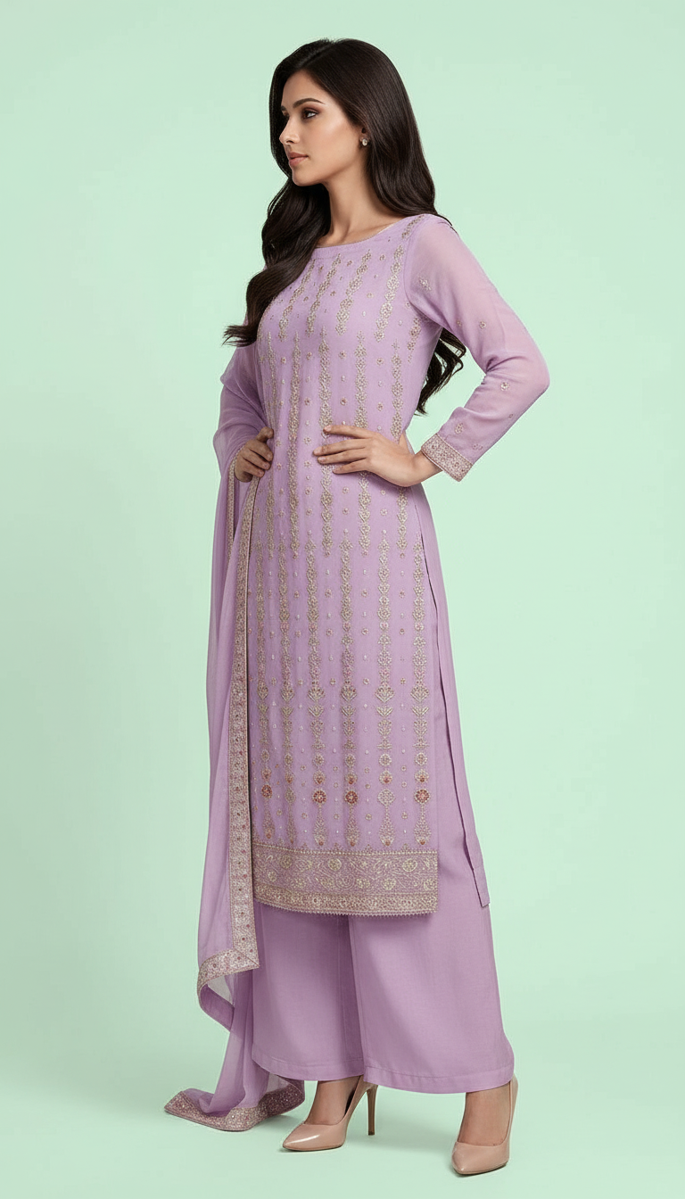 Embroidered Chinnon Kurta Set view 3