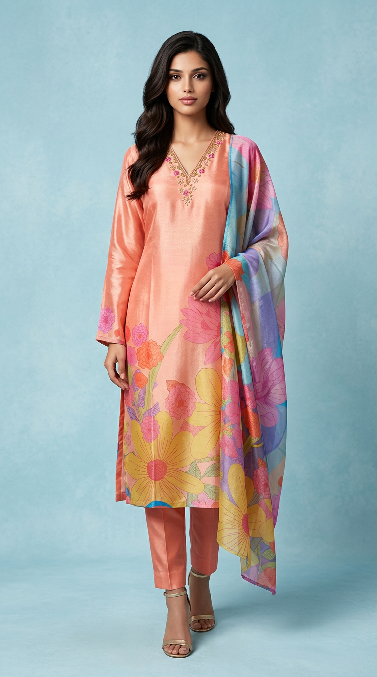 Floral Tissue Kurta Set view 4