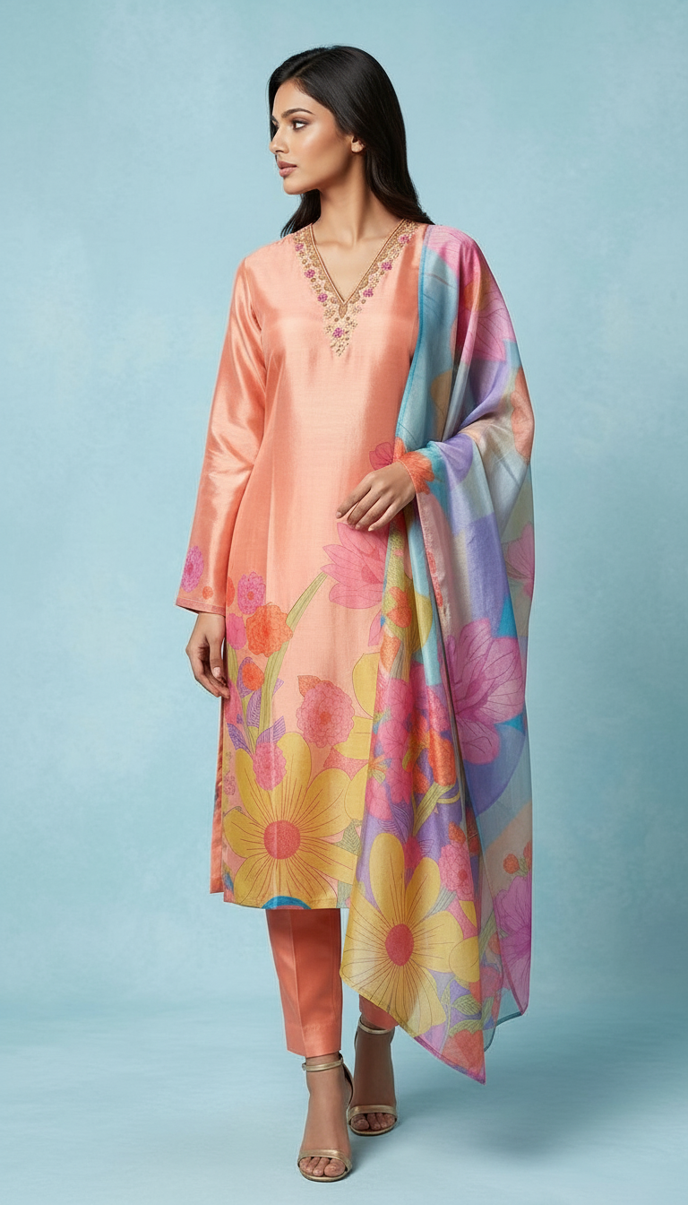 Floral Tissue Kurta Set view 2
