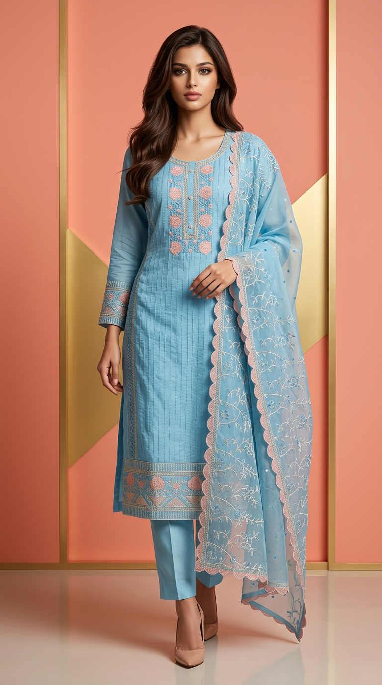 Elegant Blue Organza Suit Set