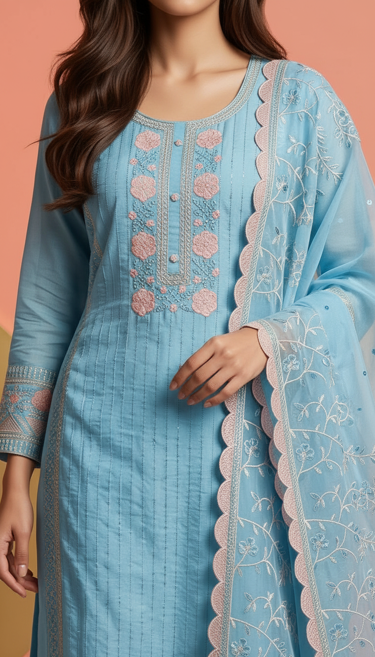 Elegant Blue Organza Suit Set view 3