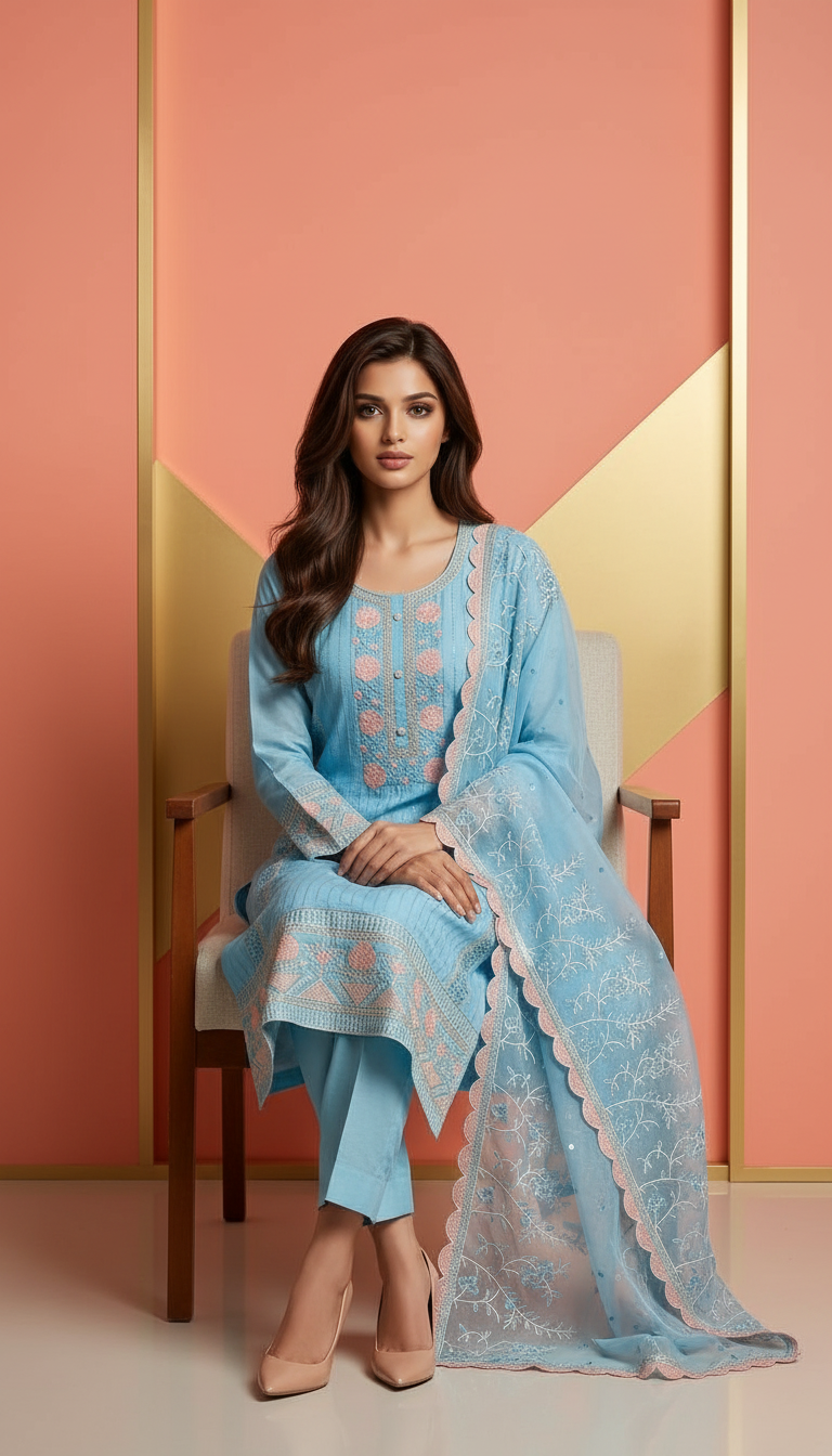 Elegant Blue Organza Suit Set view 4