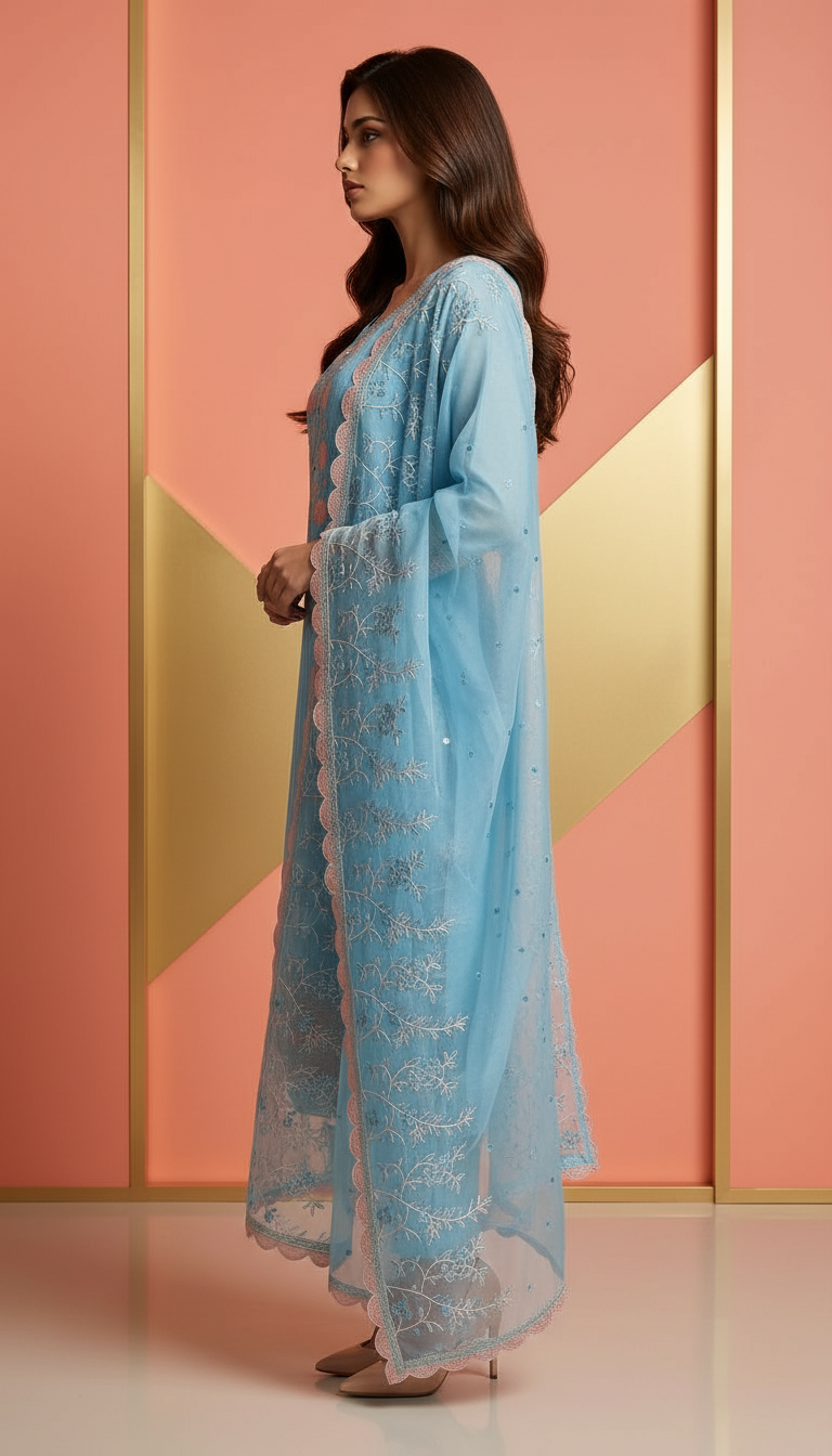 Elegant Blue Organza Suit Set view 2