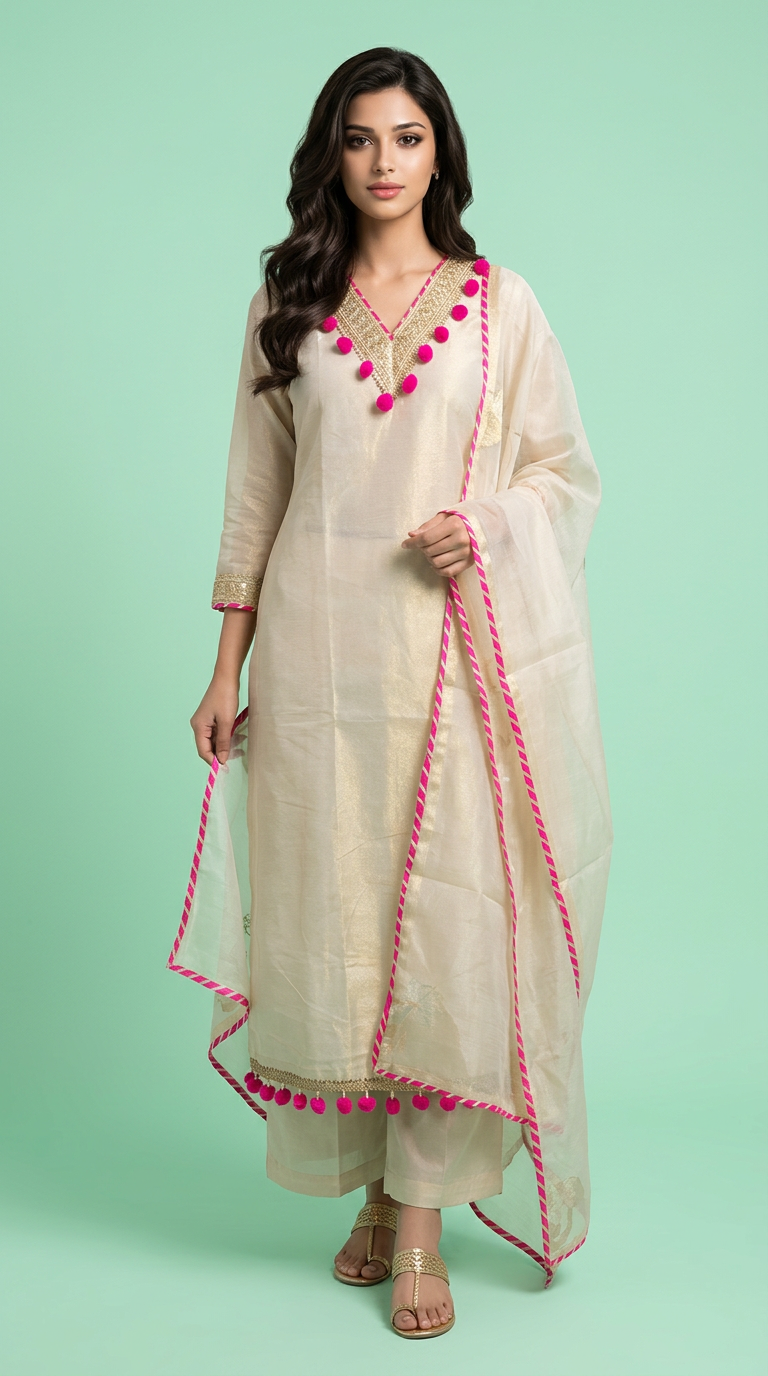 Embroidered Tissue Kurta Set view 4