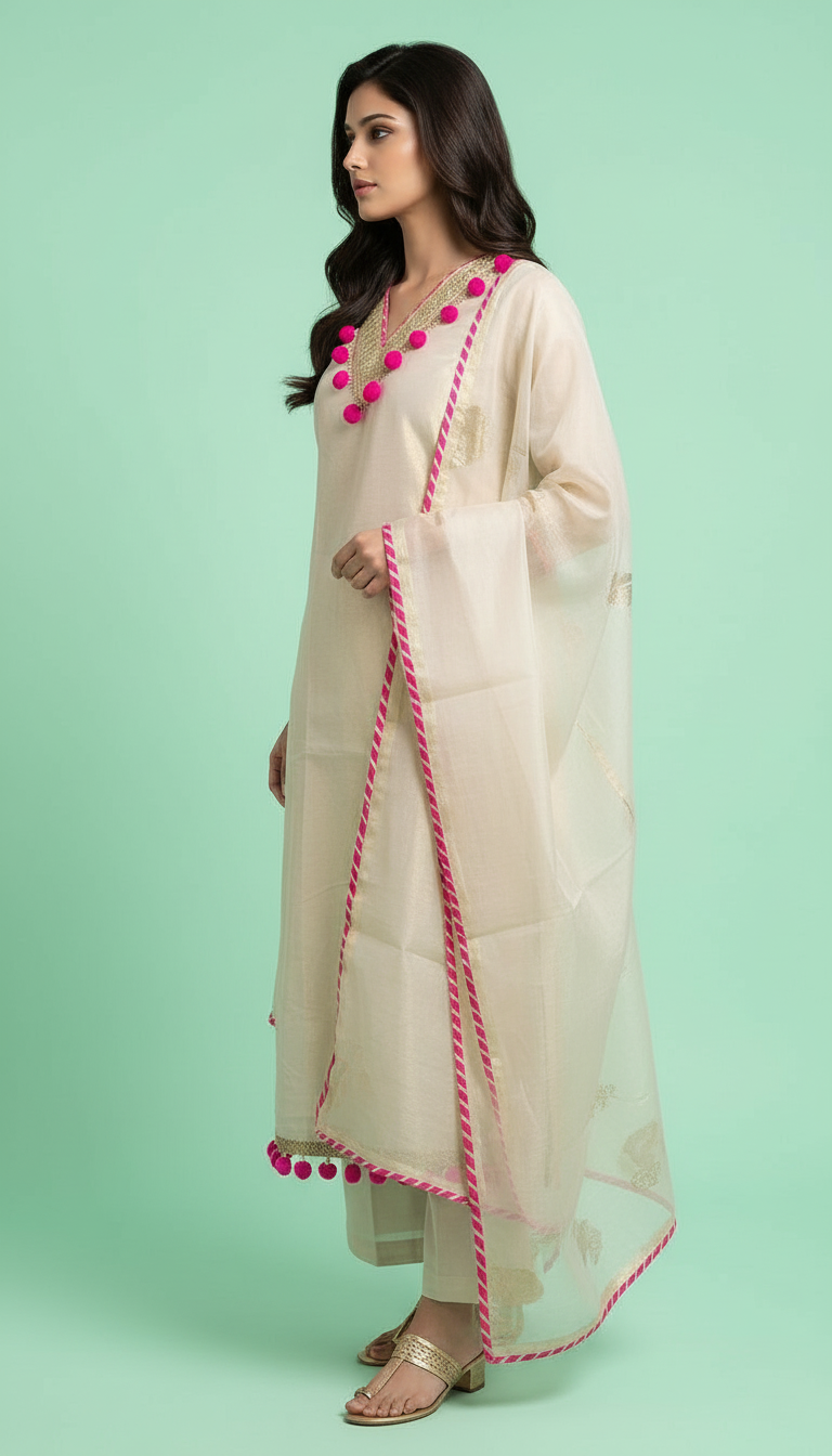 Embroidered Tissue Kurta Set view 2