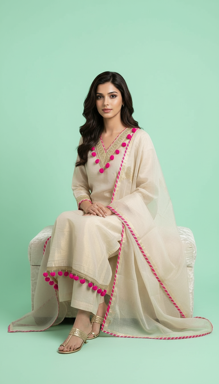 Embroidered Tissue Kurta Set view 3