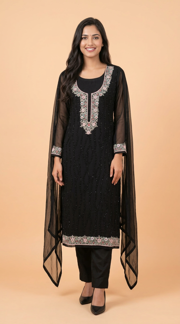 Black Georgette Embroidered Kurta Set