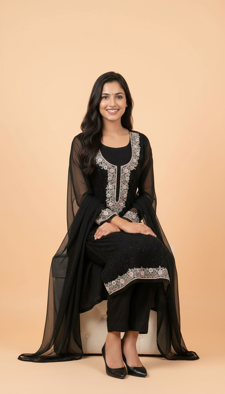 Black Georgette Embroidered Kurta Set view 2
