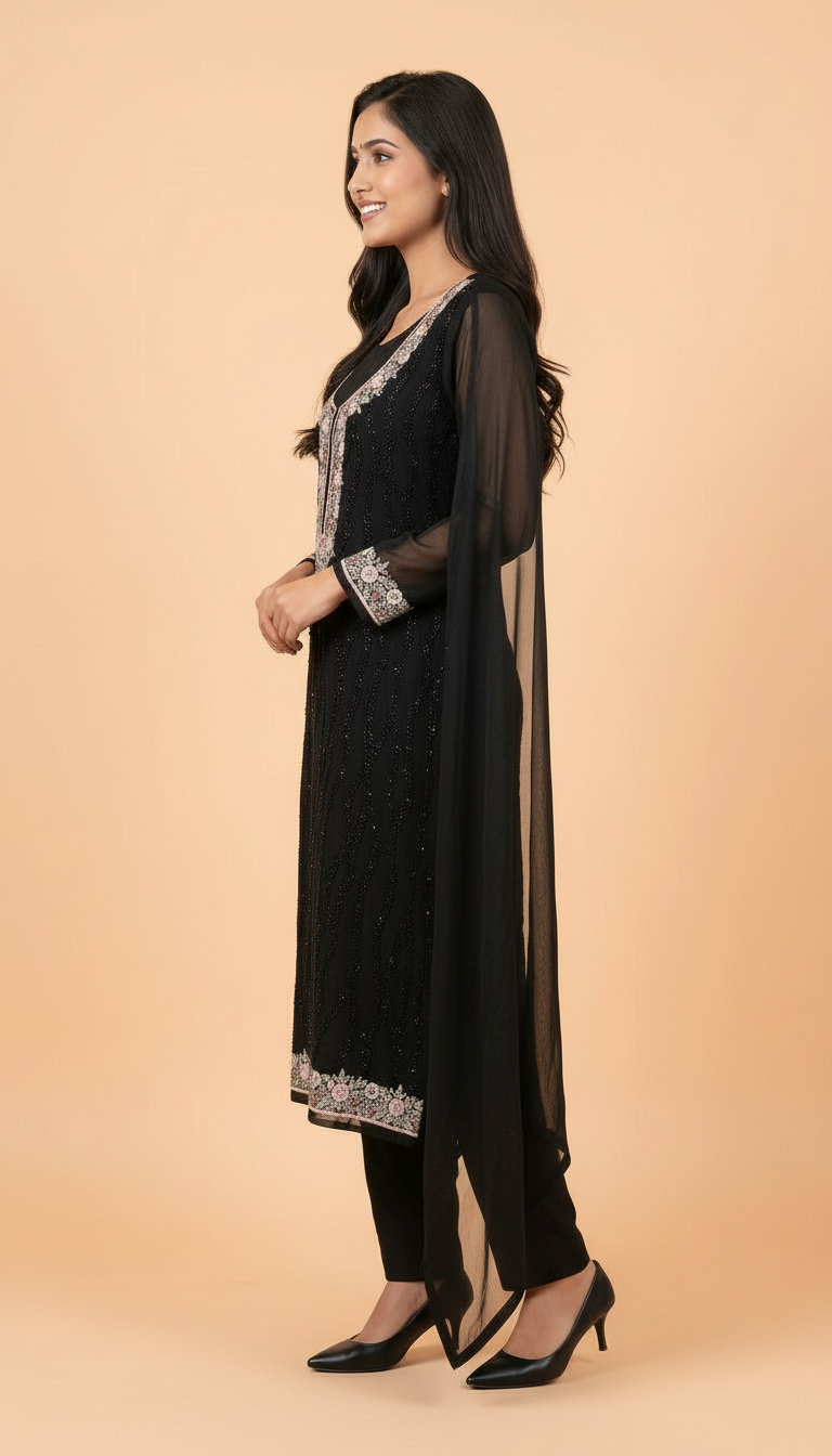 Black Georgette Embroidered Kurta Set view 4