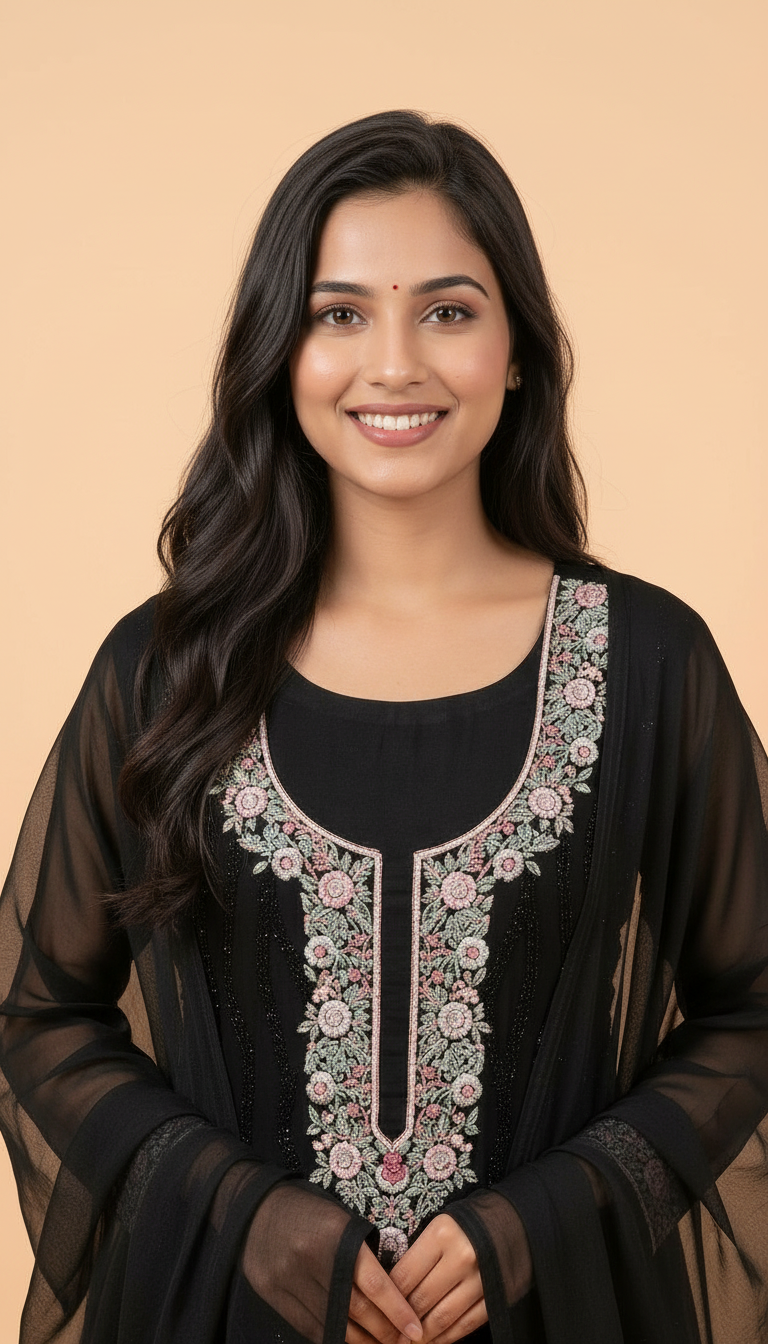 Black Georgette Embroidered Kurta Set view 3