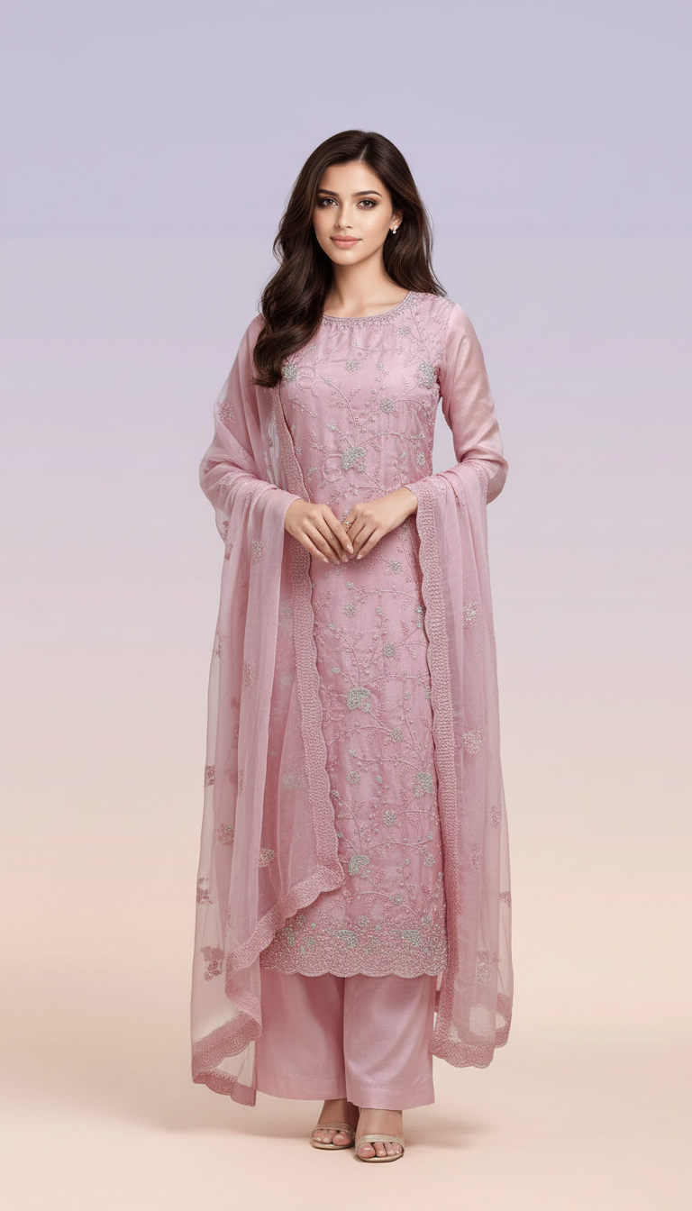 Glass Organza Embroidered Pink Suit Set