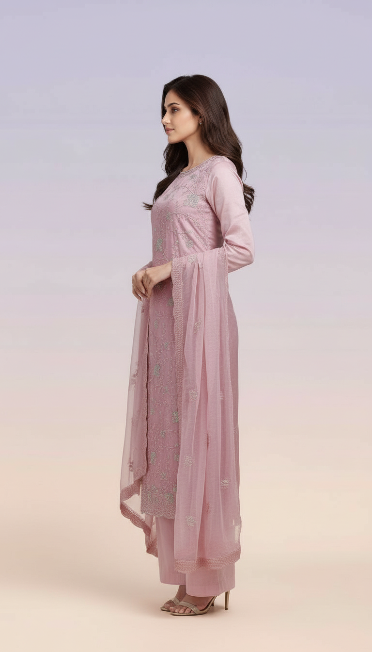 Glass Organza Embroidered Pink Suit Set view 2