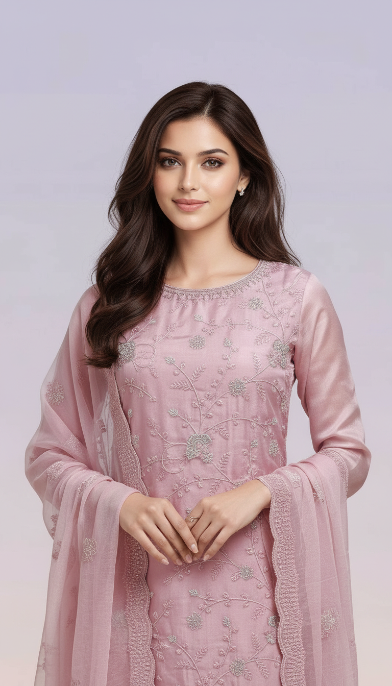 Glass Organza Embroidered Pink Suit Set view 3