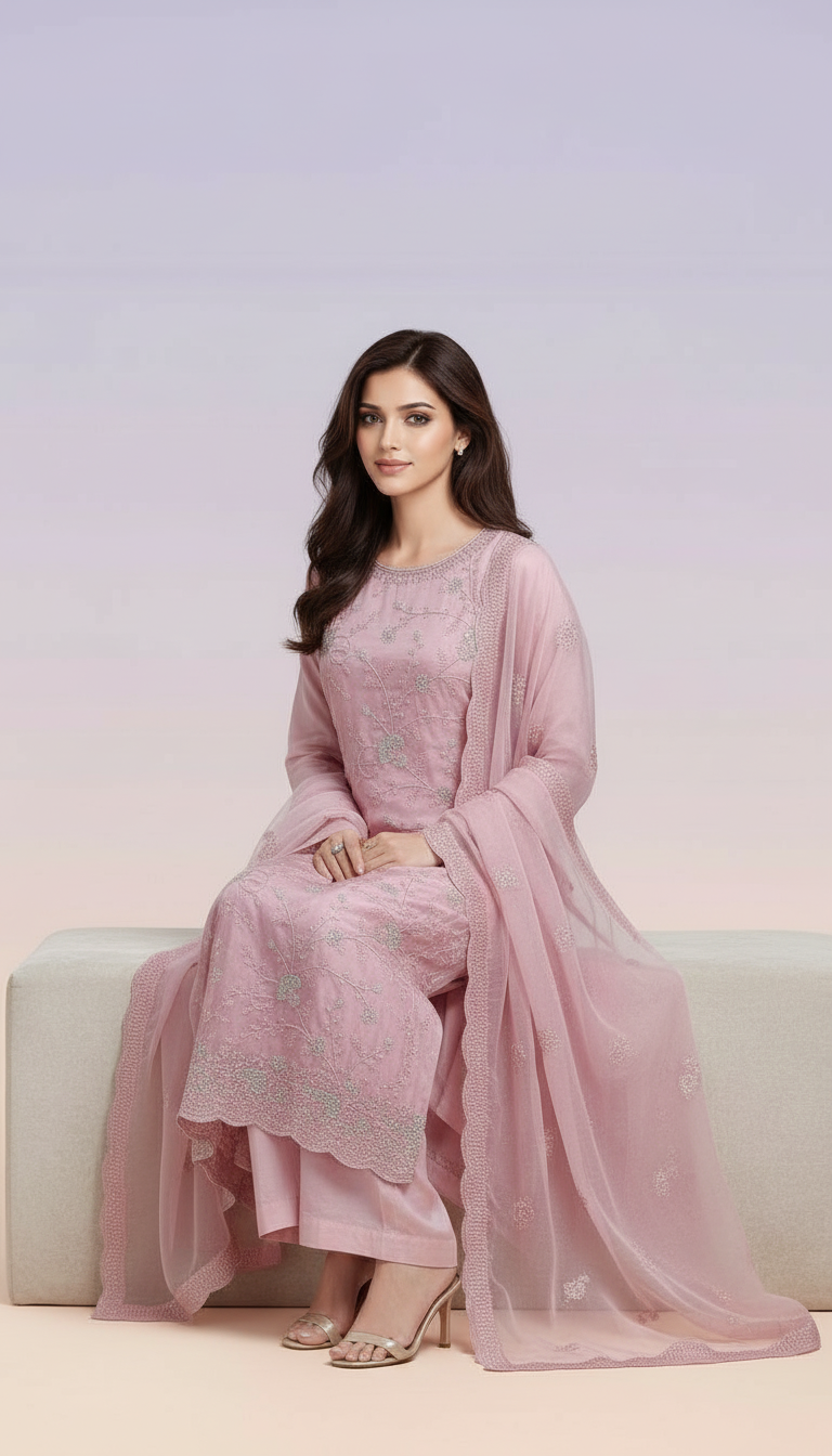 Glass Organza Embroidered Pink Suit Set view 4