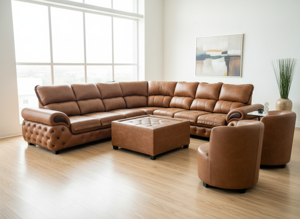 Elegant Brown Leather Sectional Sofa Set