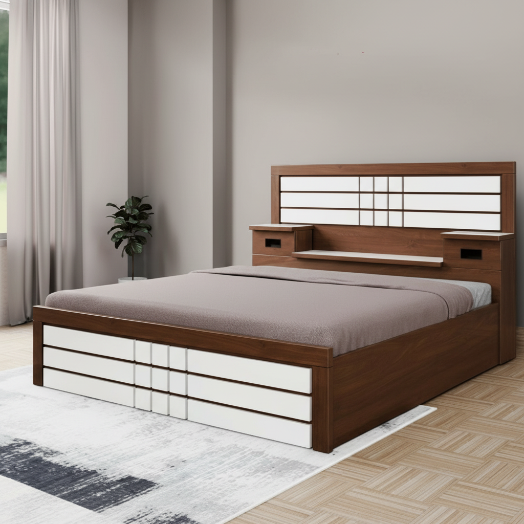 Modern Wooden Bed with Integrated Lighting