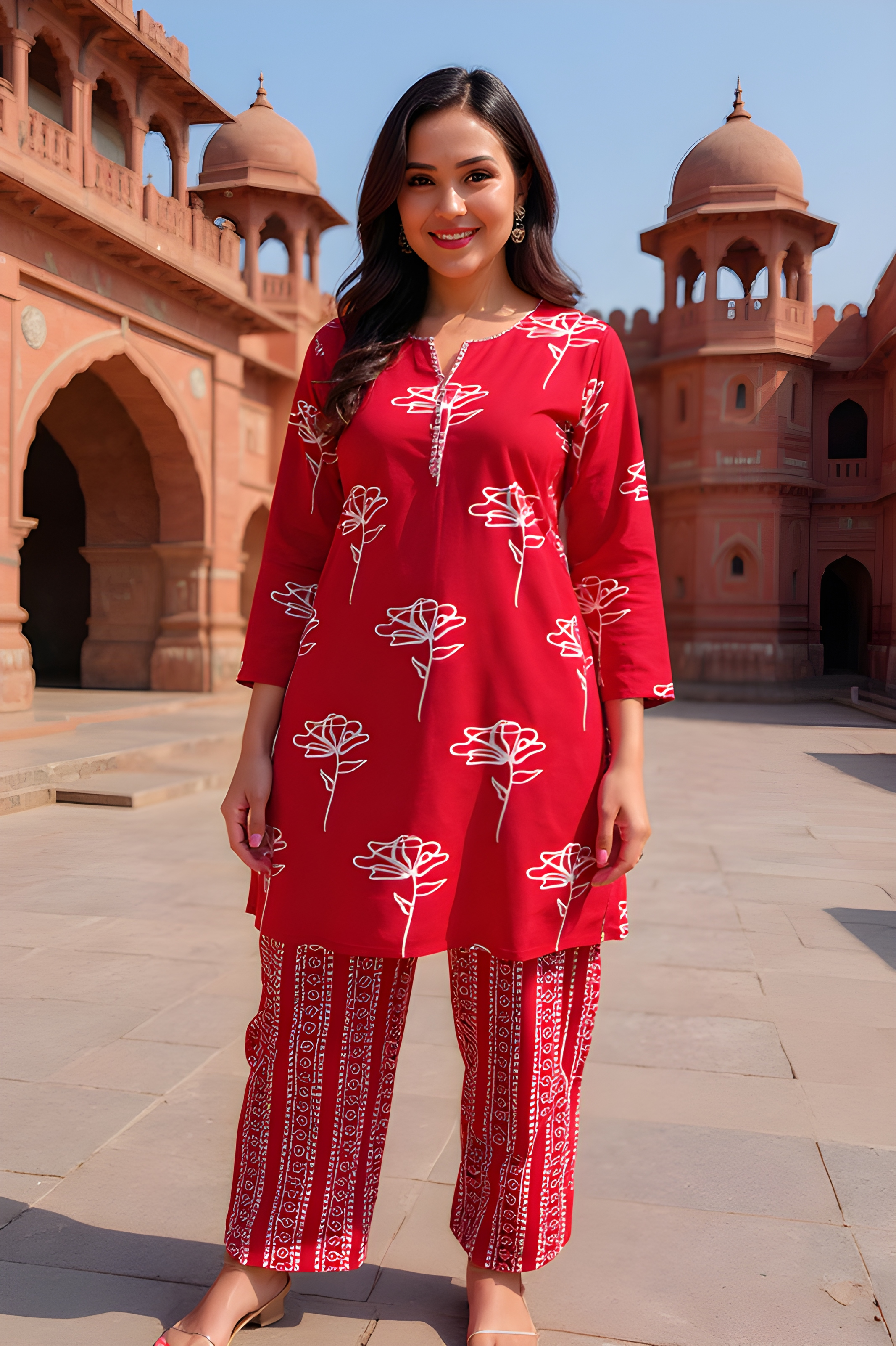 Red Floral Kurta Set