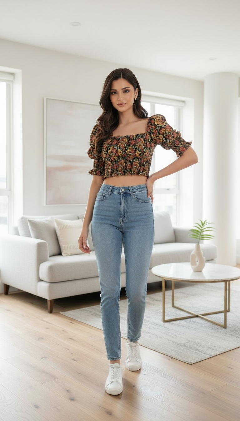 Floral Puff Sleeve Crop Top view 3
