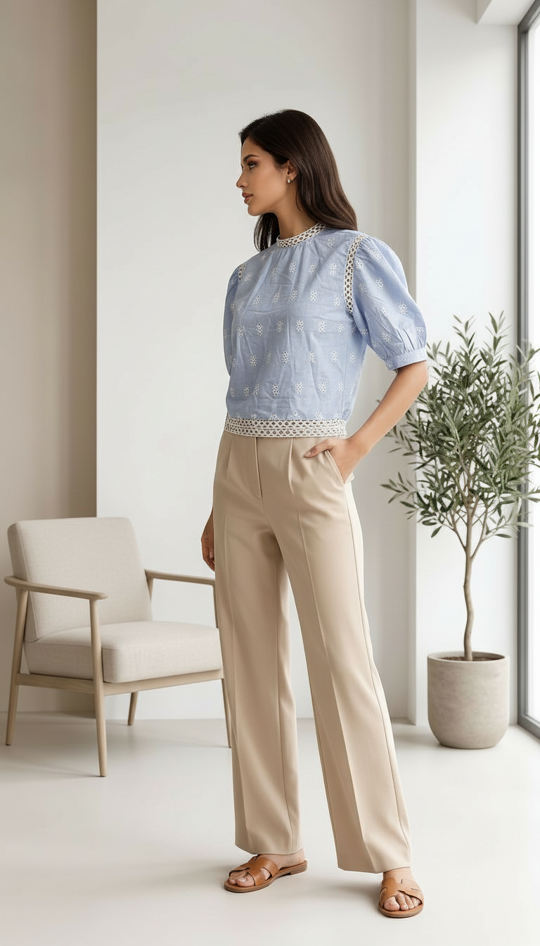 Lace-Trimmed Puff Sleeve Top view 4