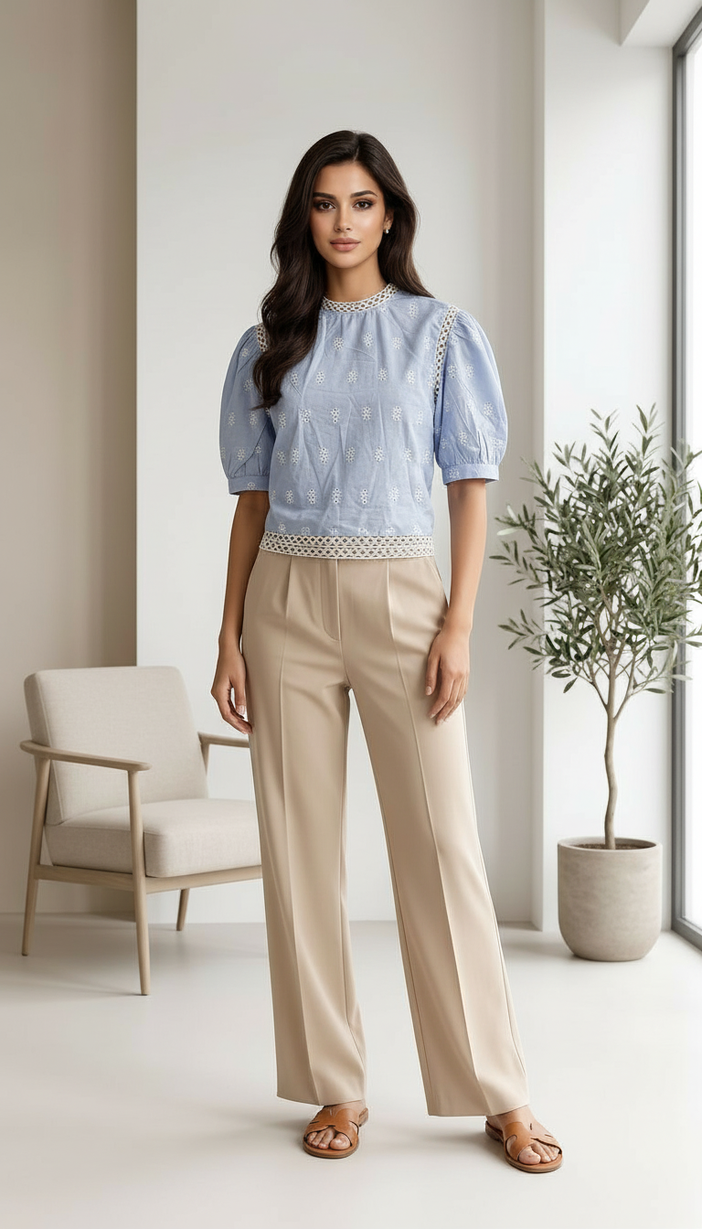 Lace-Trimmed Puff Sleeve Top view 3