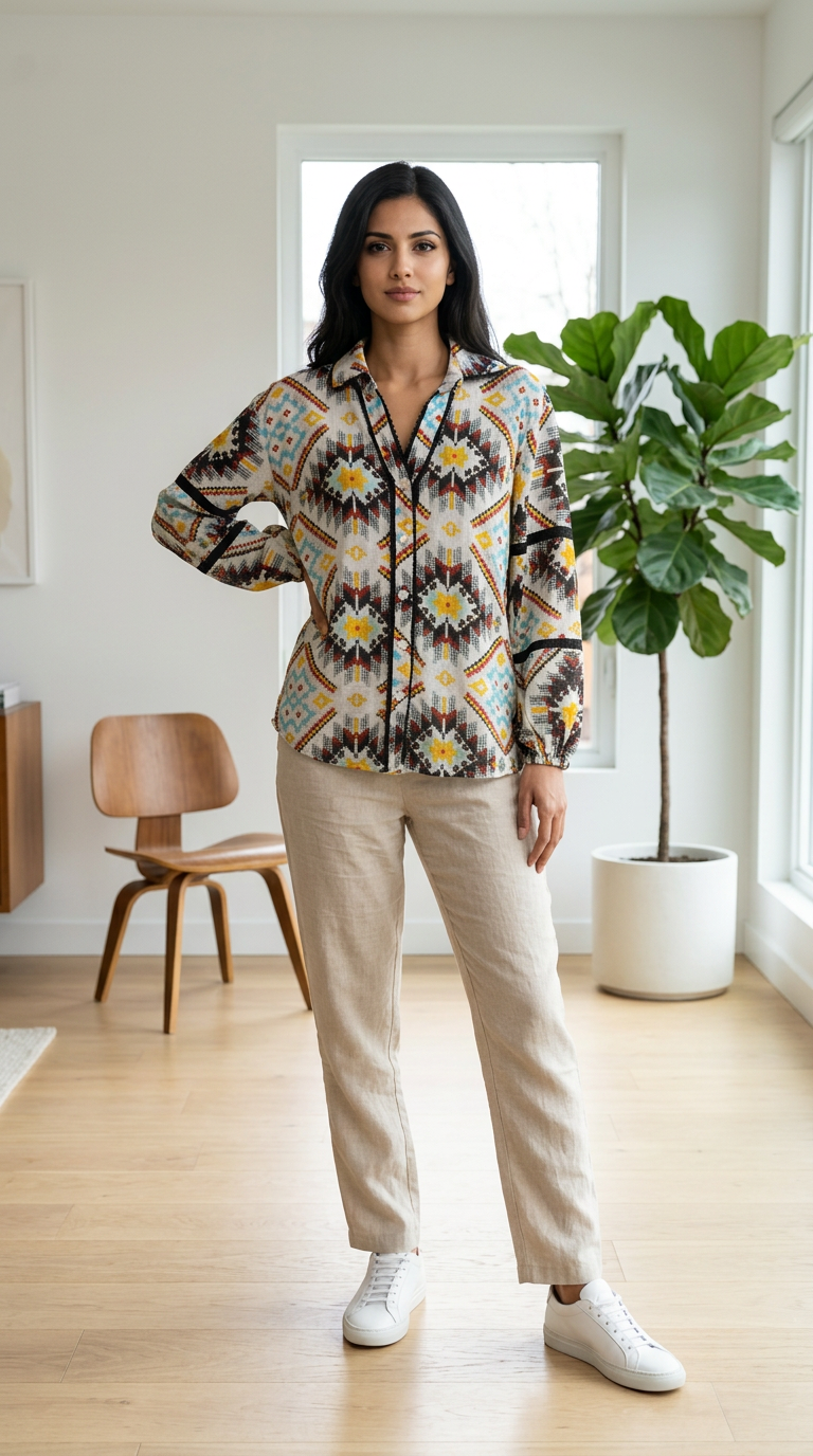 Aztec Print Button-Up Shirt Top view 6