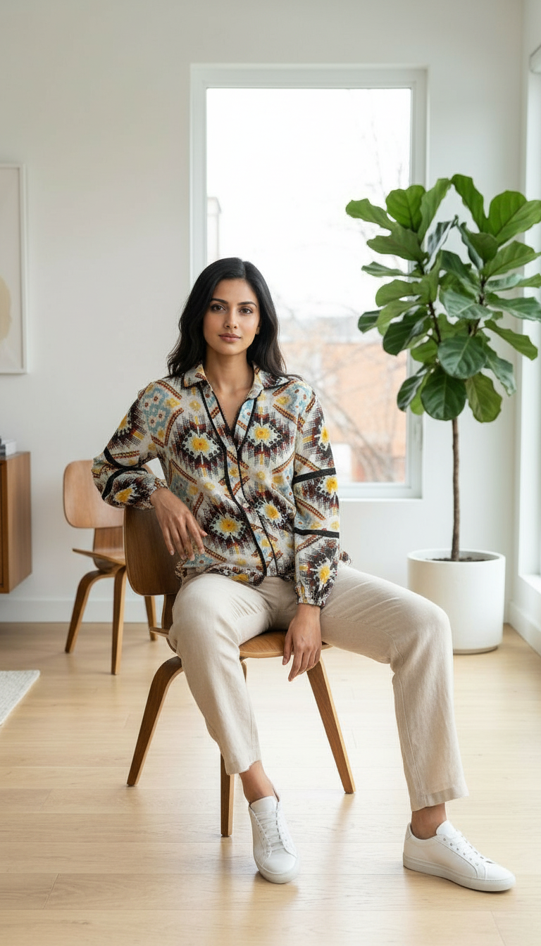 Aztec Print Button-Up Shirt Top view 4