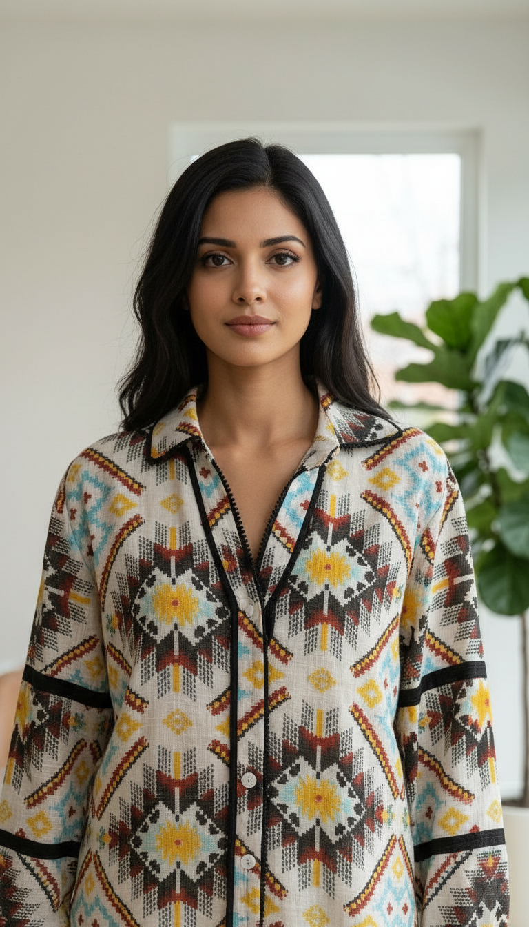 Aztec Print Button-Up Shirt Top view 2