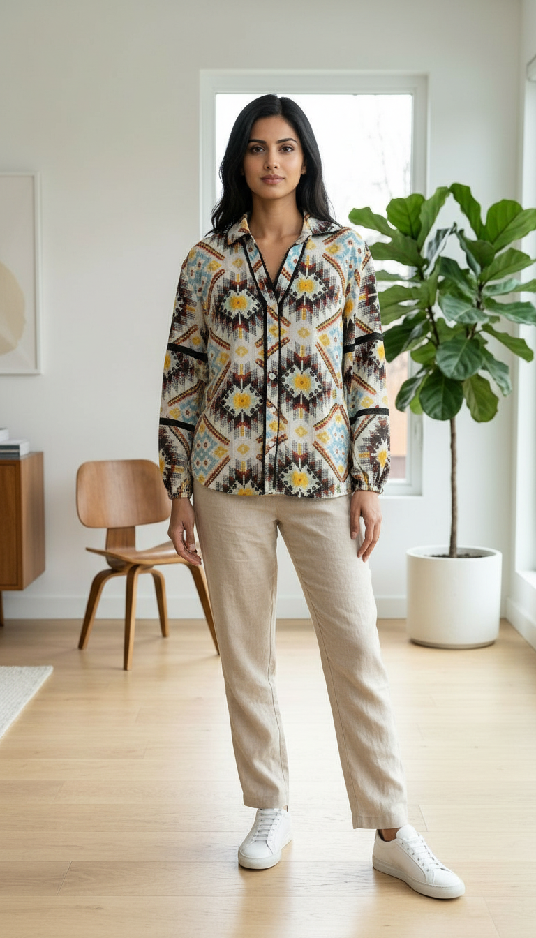Aztec Print Button-Up Shirt Top view 3
