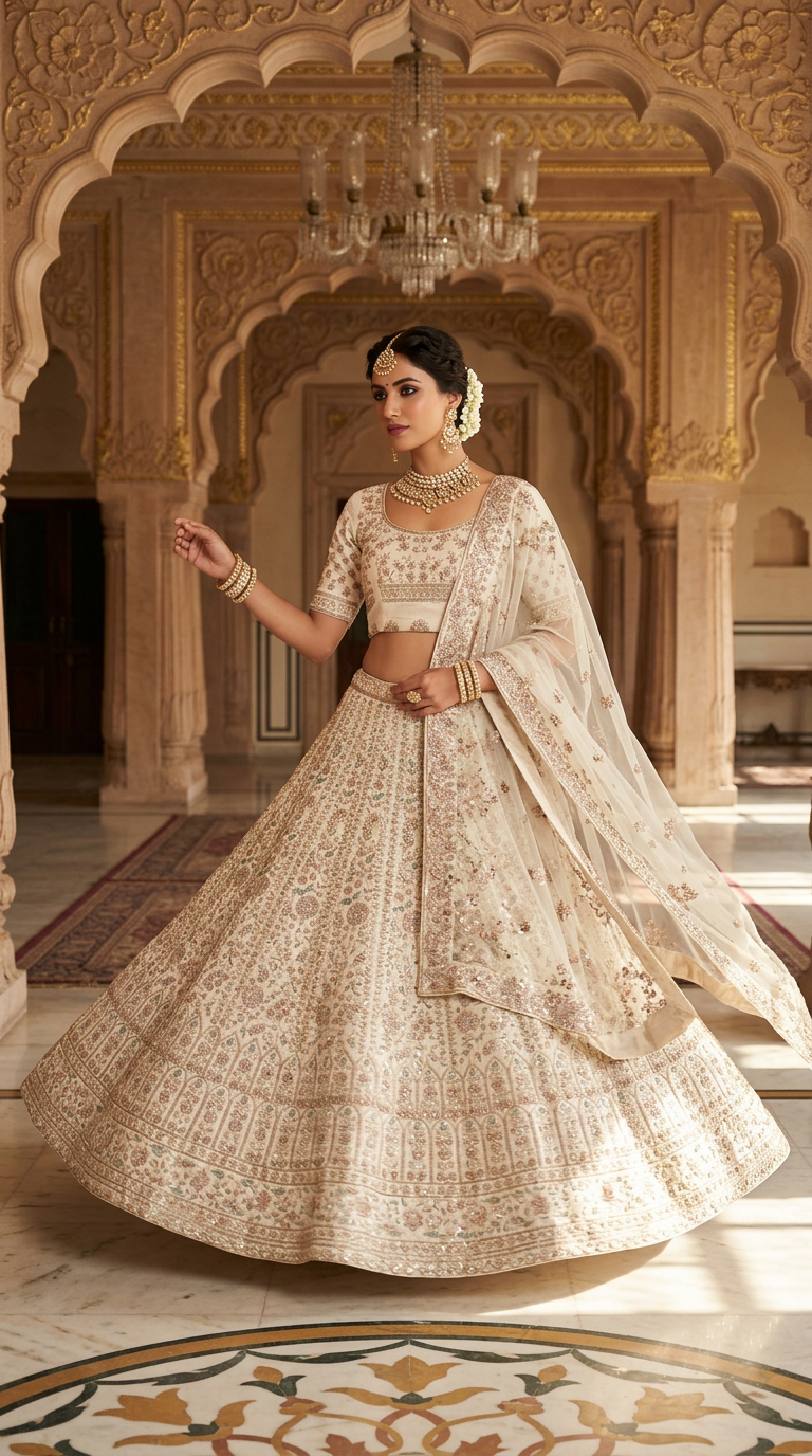 Elegant Embroidered Cream Lehenga