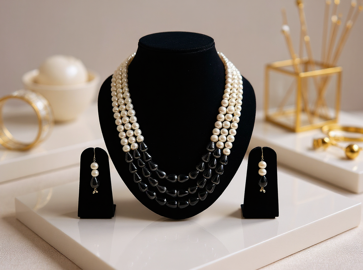 Elegant Pearl & Black Bead Necklace Set view 2