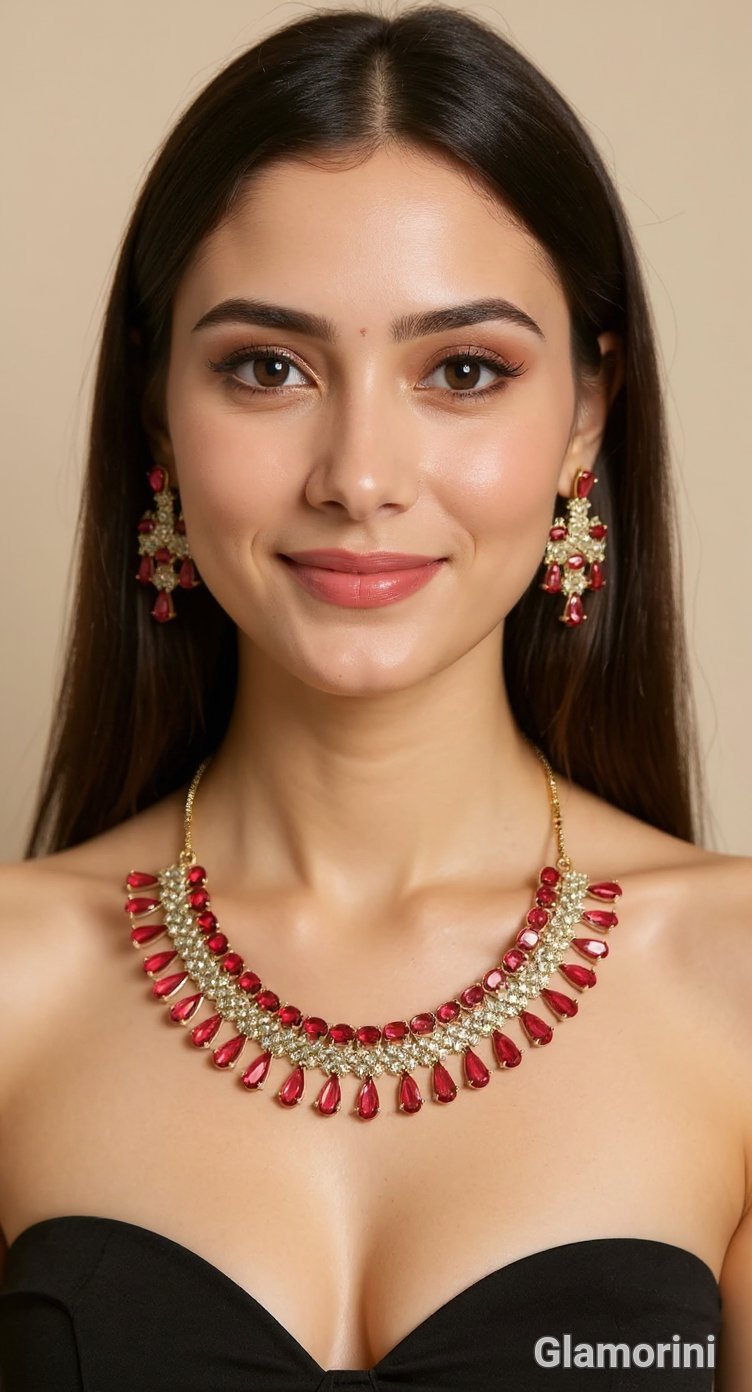 Ruby Crystal & American Diamond Necklace Set view 4