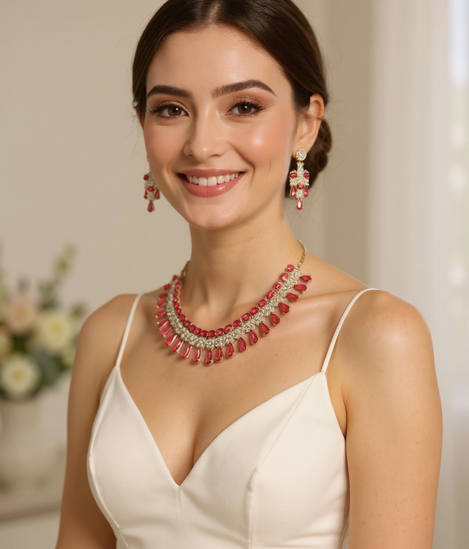 Ruby Crystal & American Diamond Necklace Set view 3
