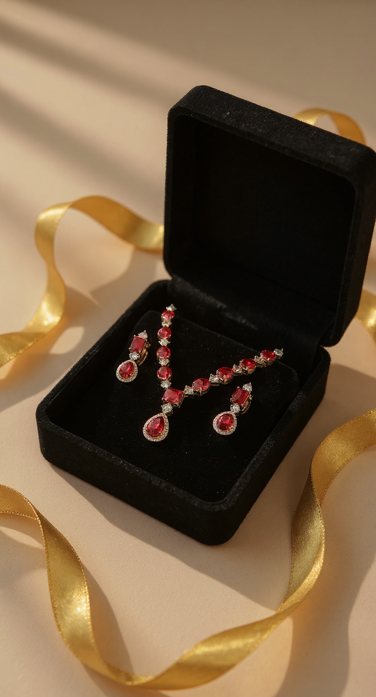 Elegant Red American Diamonds Necklace Set view 3
